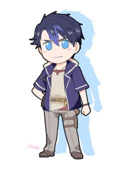 1boy artist_name black_hair blue_eyes blue_hair chibi closed_mouth eiyuu_densetsu full_body fur_trim gloves hair_between_eyes hand_on_own_hip jacket jewelry kai_no_kiseki kuro_no_kiseki_(series) looking_at_viewer lowres male_focus mullet multicolored_hair parted_bangs pendant short_hair short_sleeves single_glove smile solo streaked_hair two-tone_hair van_arkride wristband xiacheng_tatsuya