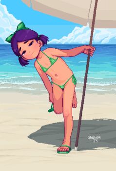 1girl barefoot beach beach_umbrella bikini bow breasts cloud cloudy_sky female_focus full_body green_bow green_eyes groin hair_ornament highres jas_(stardew_valley) loli looking_at_viewer micro_bikini navel ocean outdoors pixelated purple_eyes purple_hair sand shishigaj5 sky small_breasts solo standing stardew_valley summer swimsuit toes umbrella