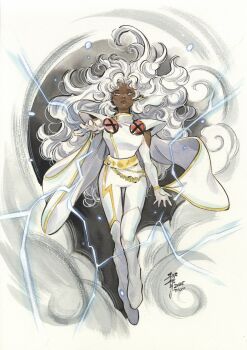 1girl 2025 aerokinesis armor belt big_hair boots cape cloud dark-skinned_female dark_skin earrings elbow_gloves electricity electrokinesis expressionless floating_hair flying full_body gloves gold_belt highres jewelry lightning lightning_bolt_earrings lightning_bolt_symbol long_hair looking_at_viewer marvel outstretched_arm outstretched_hand pauldrons peach_momoko pointing pointing_at_viewer shoulder_armor signature solo storm_(x-men) superhero_costume very_dark_skin very_long_hair white_boots white_cape white_eyes white_gloves white_hair wind x-men