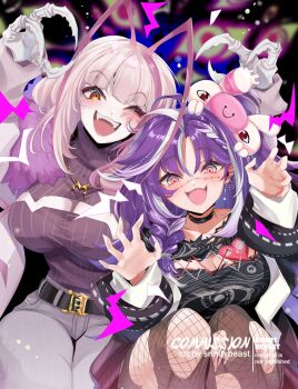 2girls antenna_hair arthropod_girl arthropod_limbs artist_name belt black_belt braid breasts brown_eyes cleavage cockroach_girl commentary commission eye_print fishnet_pantyhose fishnets grey_hair grey_pants highres indie_virtual_youtuber jared_(michi_mochievee) long_sleeves matara_kan matara_kan_(casual) michi_mochievee michi_mochievee_(1st_costume) mole mole_on_breast multicolored_hair multiple_girls one_eye_closed open_mouth pants pantyhose purple_hair smile srinitybeast streaked_hair symbol-only_commentary teeth torn_clothes torn_pantyhose upper_teeth_only white_eyes white_hair