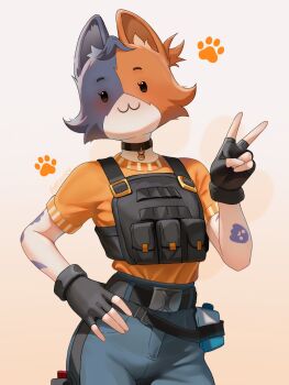 1girl :3 animal_ears belt black_collar black_eyes black_fur black_gloves breasts cat_ears cate_meowdy closed_mouth collar cowboy_shot cream_background fingerless_gloves fortnite furry furry_female gloves grey_pants hand_on_own_hip highres kyatsuwu multicolored_fur orange_fur orange_shirt pants shirt simple_background solo v white_fur