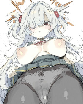 ... 1girl alternate_breast_size_(larger) bags_under_eyes black_pantyhose blue_archive brown_halo clothes_lift dress from_below gorirago hair_over_one_eye halo highres kanoe_(blue_archive) lifting_own_clothes long_hair looking_at_viewer looking_down nipples panties panties_under_pantyhose pantyhose pinafore_dress scar scar_on_neck shirt_lift skirt skirt_lift sleeveless sleeveless_dress two_side_up underwear white_panties