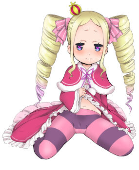 10s 1girl 2016 :&gt; absurdres beatrice_(re:zero) blonde_hair blue_eyes blush bow butterfly-shaped_pupils capelet clothes_lift crown dress dress_lift drill_hair female_focus full_body hair_bow hair_ornament highres kanno_kei lifting_own_clothes loli long_hair looking_at_viewer midriff mini_crown navel pantyhose re:zero_kara_hajimeru_isekai_seikatsu sitting smile solo symbol-shaped_pupils twin_drills unusual_pupils white_background