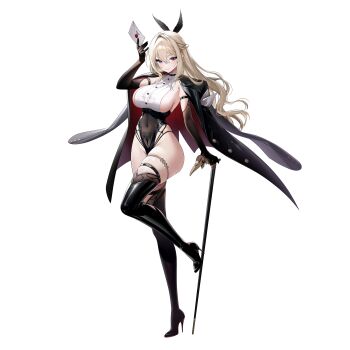 1girl absurdres armband artist_request ass black_boots black_choker black_gloves black_leotard blonde_hair boots breasts cane cape choker choker_over_clothes covered_navel elbow_gloves feather_hair_ornament feathers full_body gloves hair_between_eyes hair_ornament highres holding holding_cane holding_letter jewelry karasuba_sapphire large_breasts latex_thigh_boots leg_up leotard letter long_sidelocks looking_at_viewer official_art poker_fate purple_eyes see-through_clothes see-through_leotard shirt sideboob sidelocks skindentation solo stamp_mark thigh_boots thighlet thighs white_shirt