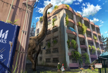 2girls abandoned ari_hinoko blue_sky brachiosaurus cloud dinosaur feathered_dinosaur flying handrail highres kulindadromeus motor_vehicle multiple_girls original outdoors overgrown raptor ruins sauropod size_difference sky standing tree van waving wire