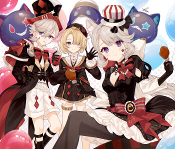 1girl 2boys :t absurdres animal_ears balloon black_dress black_gloves black_hat black_pantyhose black_socks blonde_hair blush bow bowtie breasts cat_ears cat_girl chicken_(food) commentary_request cup disposable_cup dress facial_mark food freminet_(genshin_impact) fried_chicken frilled_dress frills genshin_impact gloves hair_ornament hair_over_one_eye hat heart heart_hair_ornament highres holding holding_cup holding_food kneehighs looking_at_viewer lynette_(genshin_impact) lynette_(kfc)_(genshin_impact) lyney_(genshin_impact) lyney_(kfc)_(genshin_impact) multiple_boys pantyhose pers_(genshin_impact) purple_eyes red_bow red_bowtie rosseland_(genshin_impact) short_shorts shorts small_breasts socks star_(symbol) star_facial_mark tamamura_(tmmr5) teardrop_facial_mark tongue tongue_out top_hat white_shorts