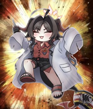 1girl :d ^_^ ahoge armband black_hair black_sandals black_shorts blue_archive blush brown_hair chibi closed_eyes collared_shirt commentary_request controller dress_shirt emphasis_lines explosion facing_viewer full_body hair_intakes halo highres holding horns kasumi_(blue_archive) lab_coat long_hair long_sleeves multicolored_hair open_clothes open_mouth red_shirt remote_control sandals shirt shoe_soles shorts sleeves_past_fingers sleeves_past_wrists smile solo tail tomimon two-tone_hair v-shaped_eyebrows very_long_hair