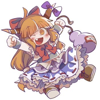 1girl ;d ahoge arms_up blue_skirt blunt_bangs blush bow brown_footwear brown_horns chibi chibi_only clenched_hands commentary cuffs english_commentary ezier fang footwear_bow frilled_skirt frills gourd hair_bow highres holding holding_gourd holding_string horn_ornament horn_ribbon horns ibuki_suika jumping layered_skirt long_hair looking_at_viewer low-tied_long_hair metal_belt neck_ribbon one_eye_closed oni open_mouth orange_eyes orange_hair outstretched_arms outstretched_legs overskirt purple_overskirt purple_ribbon red_bow ribbon shackles shirt simple_background skirt sleeveless smile solo string torn_clothes torn_sleeves touhou two-tone_skirt very_long_hair white_background white_shirt white_skirt wrist_cuffs