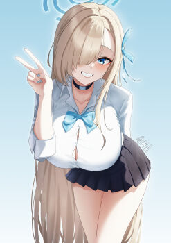 1girl :d absurdly_long_hair absurdres arm_behind_back asuna_(blue_archive) asuna_(school_uniform)_(blue_archive) black_choker black_skirt blonde_hair blue_archive blue_background blue_bow blue_bowtie blue_eyes blue_halo blue_nails bow bowtie breasts choker collarbone collared_shirt commentary_request hair_bow hair_over_one_eye hair_ribbon halo highres large_breasts leaning_forward long_hair long_sleeves looking_at_viewer mi_rong_abmiron nail_polish open_mouth parted_bangs pleated_skirt ribbon school_uniform shirt sidelocks simple_background skirt smile solo v very_long_hair