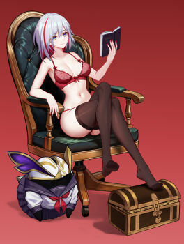1girl absurdres bare_shoulders black_thighhighs blue_eyes book bra breasts chair closed_mouth coin collarbone colored_inner_hair commentary_request crossed_legs feet full_body grey_hair hair_between_eyes hair_ornament highres holding holding_book holding_coin honkai:_star_rail honkai_(series) large_variant_set linea_alba looking_at_viewer medium_breasts medium_hair multicolored_hair nail_polish navel no_shoes numby_(honkai:_star_rail) on_chair open_book paid_reward_available panties pink_hair red_background red_bra red_nails red_panties sitting smile soles stomach streaked_hair thighhighs thighs toes topaz_(honkai:_star_rail) treasure_chest trotter_(honkai:_star_rail) underwear variant_set yunkaiming