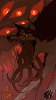 animal_focus artist_name blurry claws commentary commentary_request creature depth_of_field dragon extra_eyes extra_tongue fangs highres immorthis limited_palette monster original red_theme teeth watermark