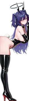 1girl absurdres alternate_costume animal_ears arched_back ass ass_press bare_shoulders black_boots black_bow black_bowtie black_gloves black_hairband black_leotard blue_archive blue_hair blush boots bow bowtie breasts closed_mouth commentary detached_collar elbow_gloves english_commentary fake_animal_ears fake_tail from_side gloves hairband halo high_heel_boots high_heels highleg highleg_leotard highres huge_ass large_breasts leotard long_hair looking_at_viewer looking_to_the_side mcbox playboy_bunny rabbit_ears rabbit_tail simple_background solo standing tail thigh_boots thighs two_side_up white_background yuuka_(blue_archive)