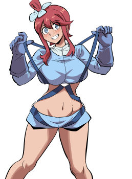 Rule 34 | 1girl, blue eyes, blush, breasts, crop top, dark-skinned female, dark skin, dinoyhs, gloves, large breasts, long hair, long sleeves, looking at viewer, midriff, nintendo, pokemon, pokemon bw, red hair, short shorts, shorts, skyla (pokemon), suspenders, teeth, white background