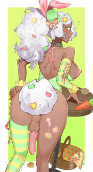 1futa absurdres anal_beads anal_tail animal_ears arrow_(symbol) ass back backless_outfit bare_shoulders blush bow breasts bustier butt_plug carrot condom condom_on_penis cross-laced_clothes cross-laced_sleeves dark-skinned_female dark_skin detached_sleeves easter easter_egg egg fake_tail flower flying_sweatdrops from_behind futanari green_bustier green_eyes green_hat green_sleeves hair_bow hair_flower hair_ornament hairclip hand_on_own_hip hat hat_bow heart heart_hair_ornament highres kneepits large_breasts long_hair looking_at_viewer looking_back mini_hat mini_top_hat nanashi_(uraoni0312) nipples open_mouth original penis picnic_basket pink_ribbon ponytail rabbit_ears rabbit_tail reverse_bunnysuit reverse_outfit ribbon sex_toy single_detached_sleeve single_thighhigh solo striped_clothes striped_sleeves striped_thighhighs tail testicles thighhighs top_hat white_hair wrist_cuffs yellow_sleeves