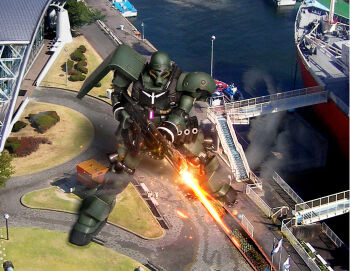 3d assault_rifle battle bridge building cable commentary_request firing geara_zulu gun gundam gundam_unicorn hiropon_(tasogare_no_puu) machinery mecha mecha_focus mobile_suit muzzle_flash neo_zeon one-eyed photo_background realistic rifle river robot science_fiction shield smoke weapon window