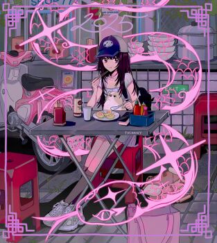 Rule 34 | 1girl, 2025, animal, animal on lap, baseball cap, black eyes, brown hair, chinese new year, chopsticks, collarbone, cup, dog, fingernails, food, grey shoes, grey skirt, grey socks, hat, holding, holding chopsticks, holding spoon, jewelry, kneehighs, long hair, looking afar, motor vehicle, motorcycle, myon (tokipi), necklace, new year, on lap, original, plate, shirt, shoes, short sleeves, sitting, skirt, socks, spoon, table, vietnam, white shirt