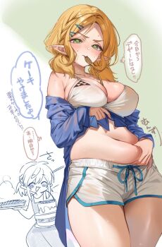 belly belly_grab bikini bikini_top_only blonde_hair blue_shirt breasts commentary_request dolphin_shorts grabbing_own_stomach hair_ornament hairclip large_breasts link low_twintails medium_hair navel nervous_sweating nintendo off_shoulder parted_bangs partially_unbuttoned plump princess_zelda shirt shorts shuri_(84k) simple_background speech_bubble spoon sweat swimsuit the_legend_of_zelda the_legend_of_zelda:_breath_of_the_wild thought_bubble translation_request triforce_print twintails utensil_in_mouth weight_conscious white_bikini white_shorts wooden_spoon