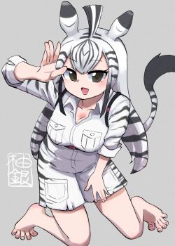 1girl animal_ears animal_print barefoot black_hair blush breast_pocket brown_eyes cargo_shorts chapman&#039;s_zebra_(kemono_friends) collarbone hair_between_eyes jacket kemono_friends kneeling looking_at_viewer multicolored_hair no_legwear open_mouth pocket print_shirt print_shorts safari_jacket salute shirt short_hair short_sleeves shorts sidelocks smile solo t-shirt two-tone_hair white_hair white_shirt white_shorts yuzu_gin_(pika97) zebra_ears zebra_girl zebra_print zebra_tail