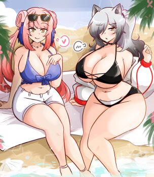 Rule 34 | 2girls, animal ear fluff, animal ears, arknights, ashy (dankestsin), beach, bikini, bird girl, black bikini, black hair, blue bikini, blush, breasts, cat ears, cat girl, ceylon (arknights), grey hair, head wings, highres, huge breasts, long hair, looking at viewer, multicolored hair, multiple girls, navel, off shoulder, pink hair, ponytail, schwarz (arknights), sunglasses, swimsuit, tongue, tongue out, wings