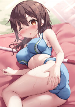 1girl ;o ass bare_arms blue_buruma blue_sports_bra blush breasts brown_hair buruma commentary_request ezoshika hair_between_eyes javelin_(spear) long_hair looking_at_viewer mat medium_breasts one_eye_closed open_mouth original outdoors solo sports_bra sweat thighs track_and_field twisted_torso