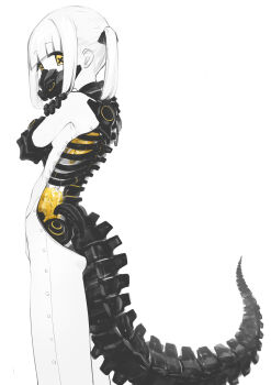 1girl absurdres black_mask black_tail blue_archive blunt_bangs breasts commentary_request ein_(blue_archive) feet_out_of_frame from_side highres mask mecha_musume mechanical_pussy mechanical_spine medium_hair negiuma respirator simple_background small_breasts solo symbol-shaped_pupils two_side_up white_background white_hair x-shaped_pupils yellow_eyes