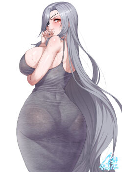 1girl ass ass_focus back breasts cleavage commentary curvy dongtan_dress dress english_commentary eyepatch from_behind gonster grey_dress grey_hair highres huge_ass large_breasts last_origin lemonade_gamma long_hair looking_at_viewer looking_back pantylines red_eyes simple_background solo taut_clothes taut_dress tight_clothes tight_dress very_long_hair white_background