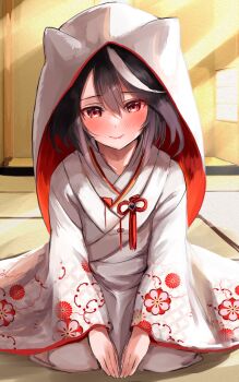 1girl animal_ears bad_source black_hair blush bride closed_mouth ears_under_headwear floral_print floral_print_kimono floral_print_sleeves hair_between_eyes hat highres horse_ears horse_girl indoors japanese_clothes kimono kitasan_black_(umamusume) looking_at_viewer print_kimono red_eyes seiza sg_(esujii) short_hair sidelighting sitting smile solo tatami umamusume white_hat white_kimono wide_sleeves