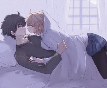 1boy 1girl ahoge angry arcueid_brunestud black_hair black_pantyhose black_shirt blue_skirt blush breasts couple curtains from_side girl_on_top hair_intakes hands_on_another's_arms hands_on_another's_shoulders highres jewelry looking_at_another miniskirt muko_(4moiut) necklace on_bed pantyhose red_eyes resting shirt skirt sweat sweater tohno_shiki tsukihime tsukihime_(remake) turtleneck turtleneck_sweater under_covers