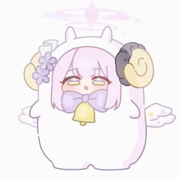 1girl animal_costume animated animated_gif bell blue_archive bow bowtie chibi closed_eyes flower full_body halo heart horns horuhara mika_(blue_archive) neck_bell open_mouth pink_hair pink_halo purple_bow purple_bowtie purple_flower sheep_costume sheep_horns simple_background sitting solo standing white_background white_wings wings yellow_eyes