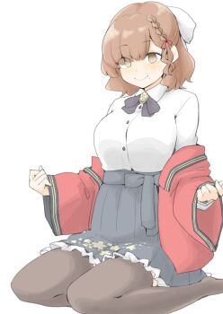 1girl akara_kai asahi_(kancolle) black_hakama black_thighhighs braid breasts brown_hair coat collared_shirt dress_shirt grey_eyes hair_ribbon hakama highres japanese_clothes kantai_collection large_breasts long_sleeves looking_at_viewer mole mole_under_mouth open_clothes red_coat ribbon shirt short_hair sitting solo thighhighs wariza white_background white_ribbon white_shirt