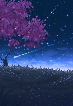 Rule 34 | absurdres, cherry blossoms, grass, highres, night, no humans, original, outdoors, pixel art, scenery, shooting star, timpershd, tree