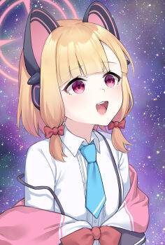 absurdres animal_ear_headphones animal_ears blonde_hair blue_archive blue_necktie blunt_bangs bow cat_ear_headphones cat_ears fake_animal_ears hair_bow halo headphones highres meme momoi_(blue_archive) necktie open_mouth pink_halo pizza_(pizzania_company) red_bow red_eyes shirt short_hair sky space_cat_(meme) star_(sky) starry_sky teeth upper_body upper_teeth_only white_shirt