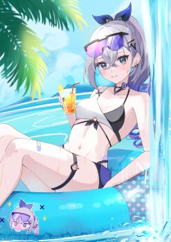 1girl absurdres afloat bandaged_leg bandages bikini breasts commentary_request cup drill_hair goggles goggles_on_head grey_eyes grey_hair highres holding holding_cup honkai:_star_rail honkai_(series) innertube long_hair looking_at_viewer marufus midriff multicolored_bikini navel ocean outdoors parted_lips silver_wolf_(honkai:_star_rail) small_breasts solo swim_ring swimsuit thigh_strap thighs tropical_drink two-tone_bikini very_long_hair wet