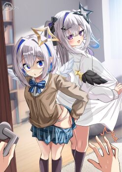 1other 2girls amane_kanata amane_konata angel angel_wings black_bow black_thighhighs blue_hair blue_skirt bow breasts commentary_request doorway hair_bow hair_intakes halo highres holding hololive inokeiwd large_breasts long_hair looking_at_viewer medium_hair multicolored_hair multiple_girls pov_doorway purple_eyes purple_streaks school_uniform shirt siblings sideboob sisters skirt small_breasts star_halo streaked_hair thighhighs twins two_side_up undressing virtual_youtuber white_shirt wings