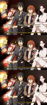 1girl 2boys 3koma angel_devil_(chainsaw_man) beam_(chainsaw_man) black_hair blood blood_on_clothes brown_hair chainsaw chainsaw_man character_name closed_eyes collared_shirt comic cosiecottage crossed_legs denji_(chainsaw_man) dress english_text floral_print gotou_saori hair_between_eyes hanae_natsuki hawaiian_shirt highres interview long_hair looking_at_viewer multiple_boys neck_ribbon open_mouth princi_(chainsaw_man) raglan_sleeves ribbon sharp_teeth shirt short_hair sitting smile sparkle spiked_hair subtitled teeth torn_clothes twitter_username uchida_maaya white_dress white_shirt