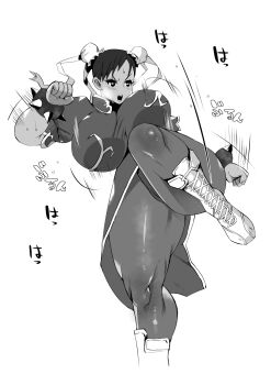 1girl 2022 alternate_breast_size_(larger) arm_up blush boots bouncing_breasts bracelet breasts cameltoe capcom china_dress chinese_clothes chun-li clenched_hands commentary double_bun dress female_focus foot_out_of_frame hair_bun heavy_breathing highres huge_breasts incoming_attack japanese_text jewelry kicking lace-up_boots leg_up monochrome motion_lines niku_samurai_(36p18) open_mouth pelvic_curtain puffy_short_sleeves puffy_sleeves ribbon serious short_hair short_sleeves simple_background solo spiked_bracelet spikes standing standing_on_one_leg street_fighter street_fighter_ii_(series) taut_clothes teeth thick_thighs thighs toned toned_female unaligned_breasts v-shaped_eyebrows white_background white_boots