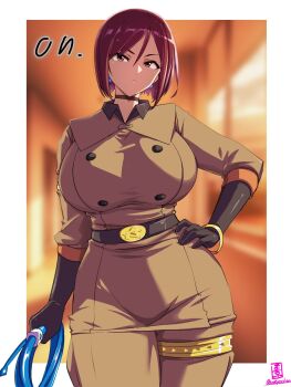 1girl belt black_belt black_choker breasts choker elbow_gloves gloves hand_on_own_hip highres holding holding_whip looking_at_viewer military_uniform okyou purple_eyes purple_hair short_hair the_king_of_fighters whip_(kof)