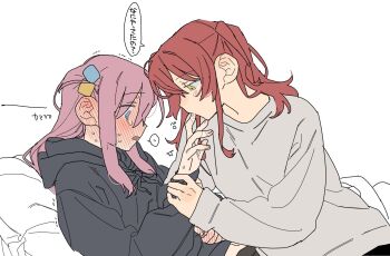 2girls black_hoodie blue_eyes blush bocchi_the_rock! dayama flat_color gotoh_hitori grey_sweater hand_up highres holding_another&#039;s_wrist hood hoodie kita_ikuyo licking_another&#039;s_finger multiple_girls on_bed open_mouth pink_hair profile red_hair simple_background speech_bubble sweat sweater tearing_up translation_request upper_body white_background yellow_eyes yuri