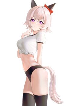 1girl animal_ears arm_behind_back black_buruma black_thighhighs bow breasts buruma closed_mouth cowboy_shot crop_top curren_chan_(umamusume) fymrie hair_bow highres horse_ears horse_girl horse_tail index_finger_raised looking_at_viewer medium_breasts midriff navel purple_eyes shirt short_hair short_sleeves simple_background skindentation smile solo standing stomach tail thighhighs thighs tied_shirt umamusume white_background white_hair white_shirt