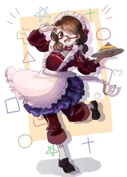 Rule 34 | absurdres, alternate costume, apron, black shoes, brown eyes, brown hair, flag, food, highres, holding, holding tray, ketchup, maid, maid apron, maid headdress, medium hair, minus (sr mineka), omelet, omurice, one eye closed, open mouth, pants, plaid clothes, plaid skirt, plate, purple skirt, red-framed eyewear, red pants, red ribbon, red sweater, ribbon, shapes, shoes, skirt, smile, socks, sweater, touhou, tray, twintails, usami sumireko, v, white background, white ribbon, white socks