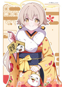 1girl bag blue_archive brown_hair commentary_request ema floral_print floral_print_kimono halo handbag hifumi_(blue_archive) highres holding holding_bag holding_ema japanese_clothes kimono long_sleeves obi print_kimono sash scarf signature smile yellow_eyes yellow_halo yellow_kimono zundamochi_(sera)