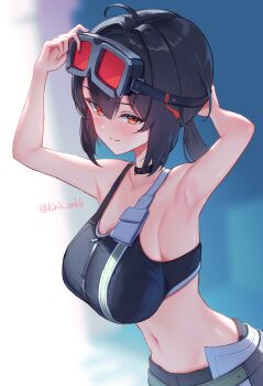 1girl adjusting_goggles aimo_wotku armpits artist_name bare_shoulders black_choker black_hair black_sports_bra breasts choker closed_mouth commentary_request goggles goggles_on_head grace_howard highres large_breasts light_blush midriff navel red-tinted_eyewear red_eyes solo sports_bra tinted_eyewear upper_body zenless_zone_zero