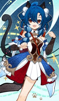 1girl absurdres animal_ears bell black_hair blue_hair cat cat_ears cat_girl cat_tail chinese_commentary commentary_request detached_sleeves dress ganbing_liangzai genius_invokation_tcg_(style) hair_ornament highres looking_at_viewer multicolored_hair open_mouth original paw_pose pom_pom_(clothes) pom_pom_hair_ornament red_eyes smile solo streaked_hair tail watermark