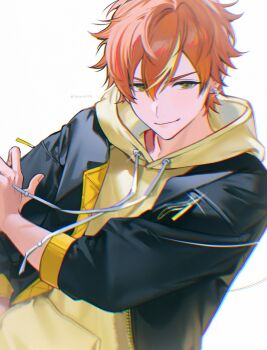 1boy absurdres black_jacket closed_mouth earrings green_eyes hair_between_eyes hashtag-only_commentary highres hood hood_down hoodie jacket jacket_over_hoodie jewelry looking_at_viewer male_focus open_clothes open_jacket orange_hair project_sekai shinonome_akito short_hair simple_background solo twitter_username upper_body white_background yellow_hoodie znjxlz
