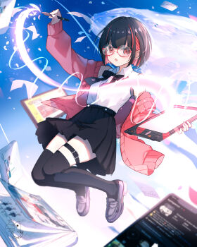 1girl :o absurdres belt black_bow black_bowtie black_hair black_shoes black_skirt black_thighhighs blue_sky book bow bowtie cardigan cellphone collared_shirt commentary day english_commentary floating floating_book floating_object full_body glasses highres holding holding_stylus holding_tablet_pc long_sleeves looking_at_viewer multicolored_hair off_shoulder original phone pink_cardigan pleated_skirt red_eyes round_eyewear school_uniform shirt shoes skirt sky smartphone solo streaked_hair stylus symperrr tablet_pc thigh_belt thigh_strap thighhighs two-tone_hair white_shirt