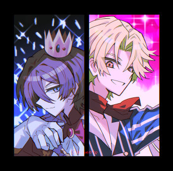 1616note 2boys black_border blonde_hair blue_eyes blue_shirt border brown_hair closed_mouth commentary_request crown gloves glowstick hair_between_eyes himuro_hijiri king_of_prism looking_at_viewer male_focus multiple_boys norizuki_jin parted_bangs penlight_(glowstick) pretty_rhythm pretty_series red_scarf scarf shirt short_hair smile sparkle split_screen upper_body white_gloves