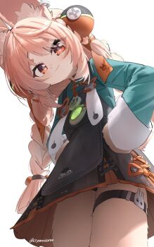 1girl animal_ear_fluff animal_ear_piercing animal_ears black_panties braid braided_twintails bright_pupils chinese_clothes closed_mouth commentary_request cowboy_shot cryne dress from_below furry furry_female green_shirt hands_on_own_hips highres long_hair looking_at_viewer mandarin_collar medallion panties pink_fur pink_hair rabbit_ears rabbit_girl red_eyes screw shirt short_dress short_eyebrows smile solo thick_eyebrows thigh_strap twitter_username underwear upskirt white_pupils zenless_zone_zero zhao_(zenless_zone_zero)