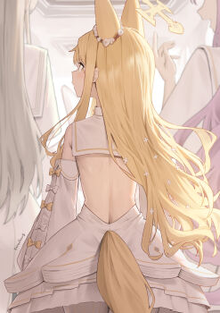 3girls animal_ears backless_dress backless_outfit bare_back bare_shoulders blonde_hair blue_archive bow breasts commentary cross_halo detached_sleeves dress extra_ears flower fox_ears fox_girl fox_tail frilled_dress frills from_behind grey_hair hair_flower hair_ornament halo hand_up highres karadborg light_blush loli long_hair long_sleeves looking_at_another looking_to_the_side mika_(blue_archive) multiple_girls nagisa_(blue_archive) open_mouth paid_reward_available pantyhose pink_hair sailor_collar seia_(blue_archive) sleeve_bow solo_focus standing striped_pantyhose tail tea_party_(blue_archive) vertical-striped_clothes vertical-striped_pantyhose very_long_hair white_bow white_dress white_pantyhose white_sailor_collar yellow_bow yellow_eyes yellow_halo