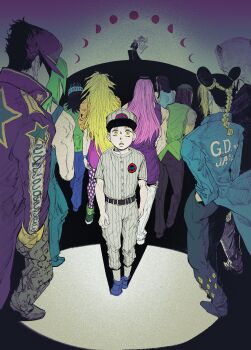 5boys 6+girls absurdres baseball_cap baseball_uniform belt black_hair blonde_hair bracelet braid braided_bun coat commentary double_bun dress emporio_alnino enrico_pucci ermes_costello fake_horns foo_fighters_(jojo) freckles from_behind full_body fur_hat green_hair gwess hair_bun hand_in_pocket hashtag-only_commentary hat highres horned_headwear horns jacket jewelry jojo_no_kimyou_na_bouken kimeohandream kuujou_jolyne kuujou_joutarou long_hair long_sleeves looking_at_viewer made_in_heaven_(stand) mirashon miuccia_miuller moon_phases multicolored_hair multiple_boys multiple_girls narciso_anasui overalls pants pantyhose parted_lips pink_hair polka_dot polka_dot_pantyhose shaded_face shirt short_hair short_sleeves sleeveless sleeveless_shirt sportswear stand_(jojo) stone_ocean striped_clothes striped_pants striped_shirt very_long_hair weather_report yellow_eyes