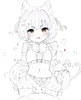 1girl :3 animal_ears anya_nyabyss bentoenjoyer breasts cat_ears clothes_lift drawfag heart heart-shaped_pupils multiple_tails navel phase_connect pussy skirt skirt_lift small_breasts sweat sweatdrop symbol-shaped_pupils tail tongue tongue_out two_tails virtual_youtuber yellow_eyes